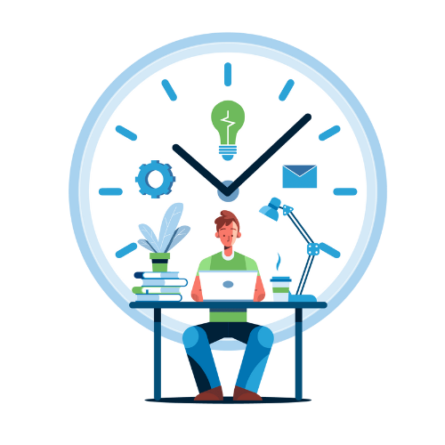 an illustration of a man sitting at a desk, working on a laptop with books stacked beside him, indicating a studious or work-focused setting. The background features a large clock face, signifying the concept of time management or productivity.