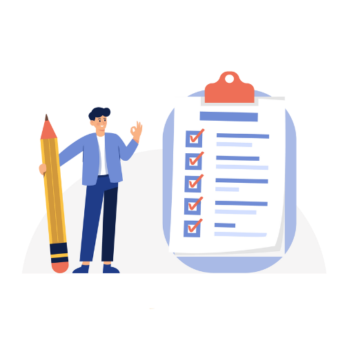 a student holding a pen next to a big checklist of terms and conditions