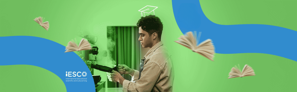 a young man focused on working as a barista, with three animated books flying in the background, creating a sense of motion and the exchange of knowledge.