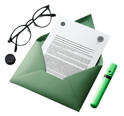 a single black and white scientific research paper partially pulled out of a sleek green envelope