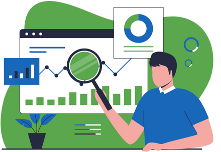 analyzing research data illustration vector. a guy holds a lens to magnify visualized data as a step of doing research