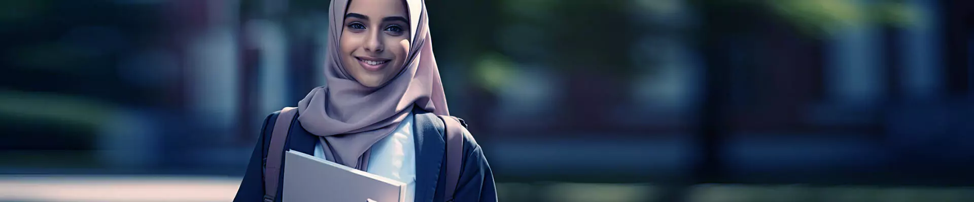 A smiling young woman wearing a light pink hijab and carrying educational materials, representing a student who may benefit from grants and scholarships programs to support her academic pursuits.