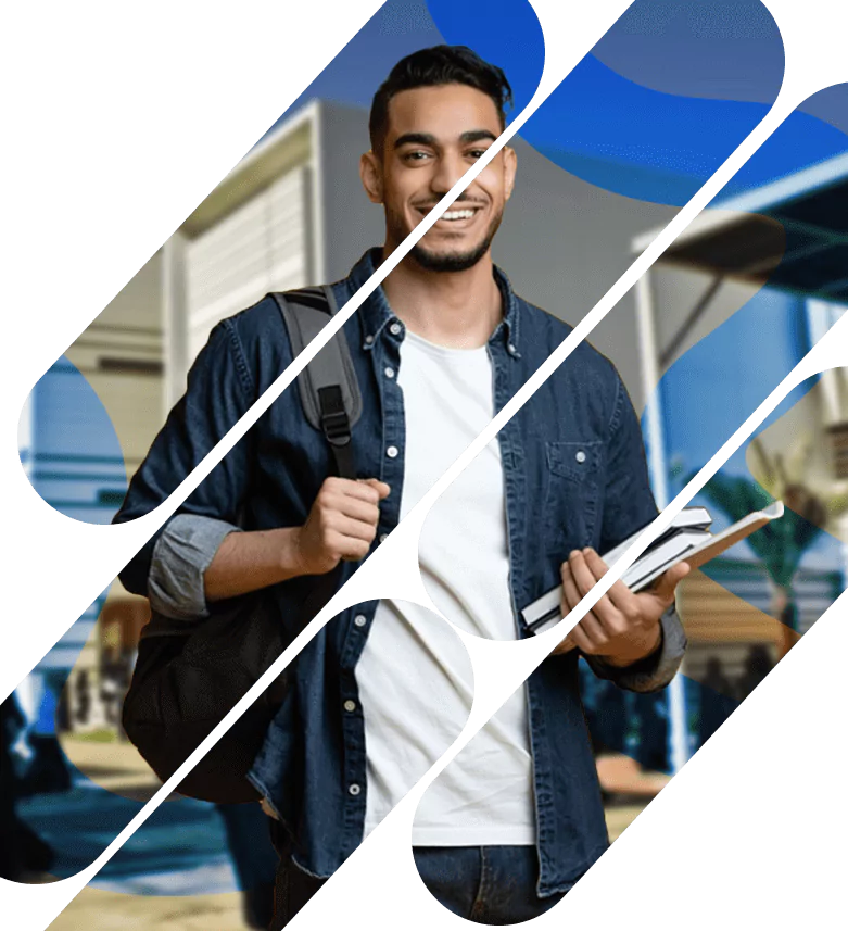 Smiling young man with backpack and books on campus, representing an IESCO happy student enjoying his educational experience and opportunities.