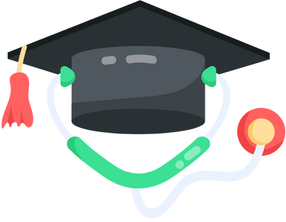 a stylized illustration combining medical and graduation symbols. A black graduation cap sits atop a green stethoscope curved into a smile shape. A red reflex hammer hangs from the left side of the cap, while a simplified otoscope appears on the right. The playful design uses bright colors to represent the completion of medical education.