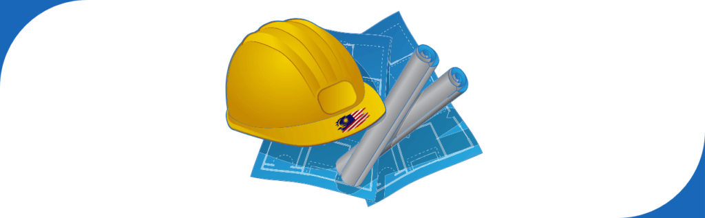 Header image for a guide on Engineering education in Malaysia: Hard engineering hat with Malaysian flag, blueprints, and construction plans symbolize the concept