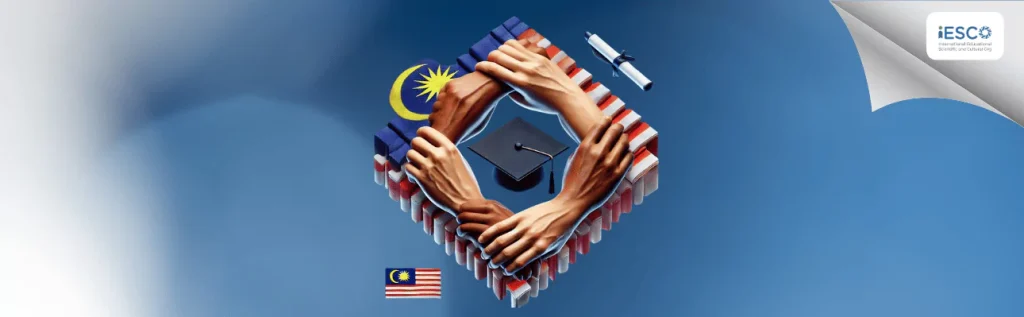 A graphic representation showing four hands of different skin tones clasped together, forming a square shape around a graduation cap and diploma. The background is blue with the Malaysian flag displayed in the bottom left corner. The logo of the "International Educational, Scientific and Cultural Organization (IESCO)" is visible in the top right corner. The image is associated with education NGOs in Malaysia.