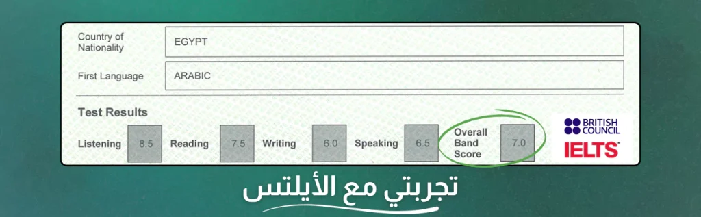 The image shows a section of an IELTS test result form. It includes the following details: - Country of Nationality: Egypt - First Language: Arabic Test Results: - Listening: 8.5 - Reading: 7.5 - Writing: 6.0 - Speaking: 6.5 - Overall Band Score: 7.0 On the right side, there is the British Council and IELTS logos. At the bottom, there is Arabic text that reads "تجربتي مع الأيلتس" which translates to "My experience with IELTS." The background is a textured green color.