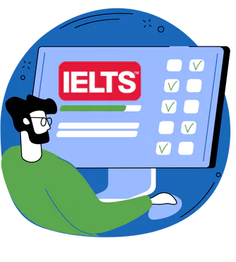 عن اختبار الايلتس المحوسب: صورة توضيحية لطالب يجلس ويؤدي اختبار الأيلتس عبر الانترنت